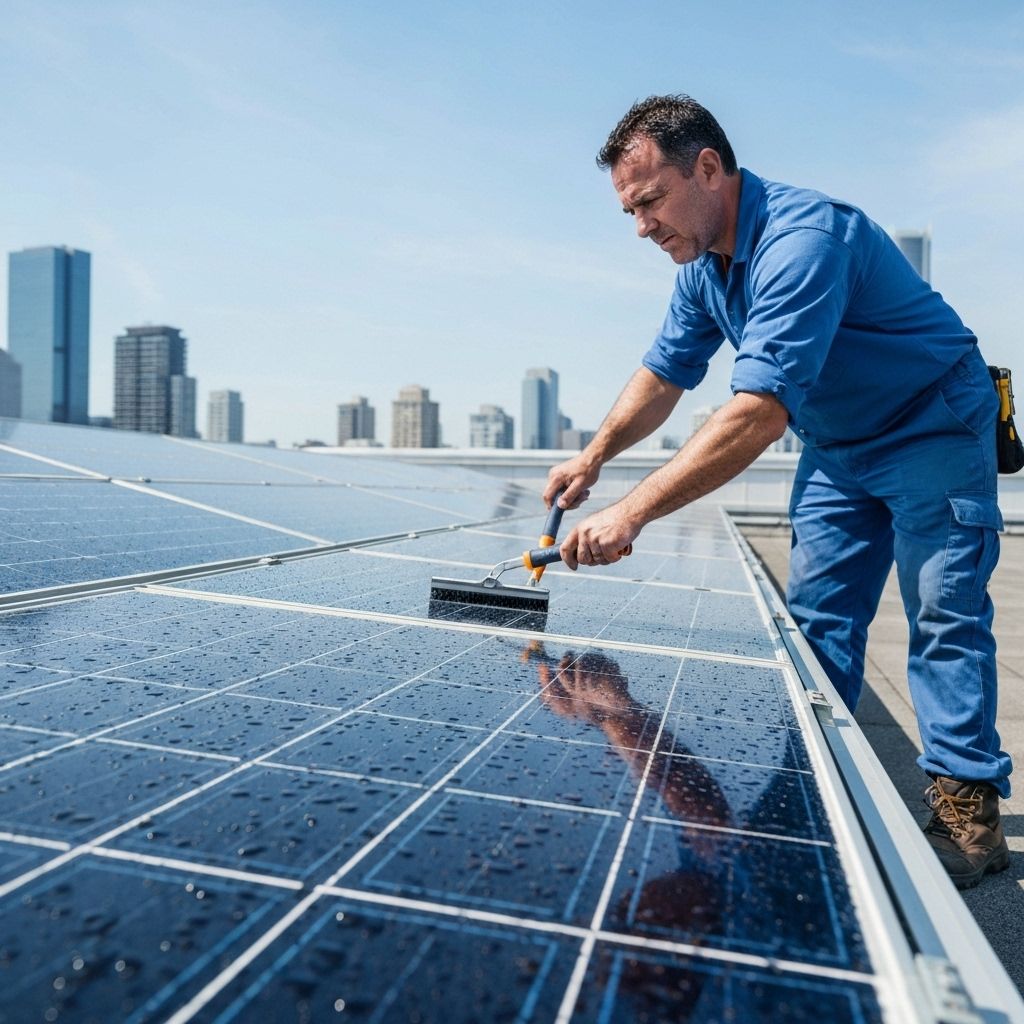 Técnico realizando manutenção em painéis solares